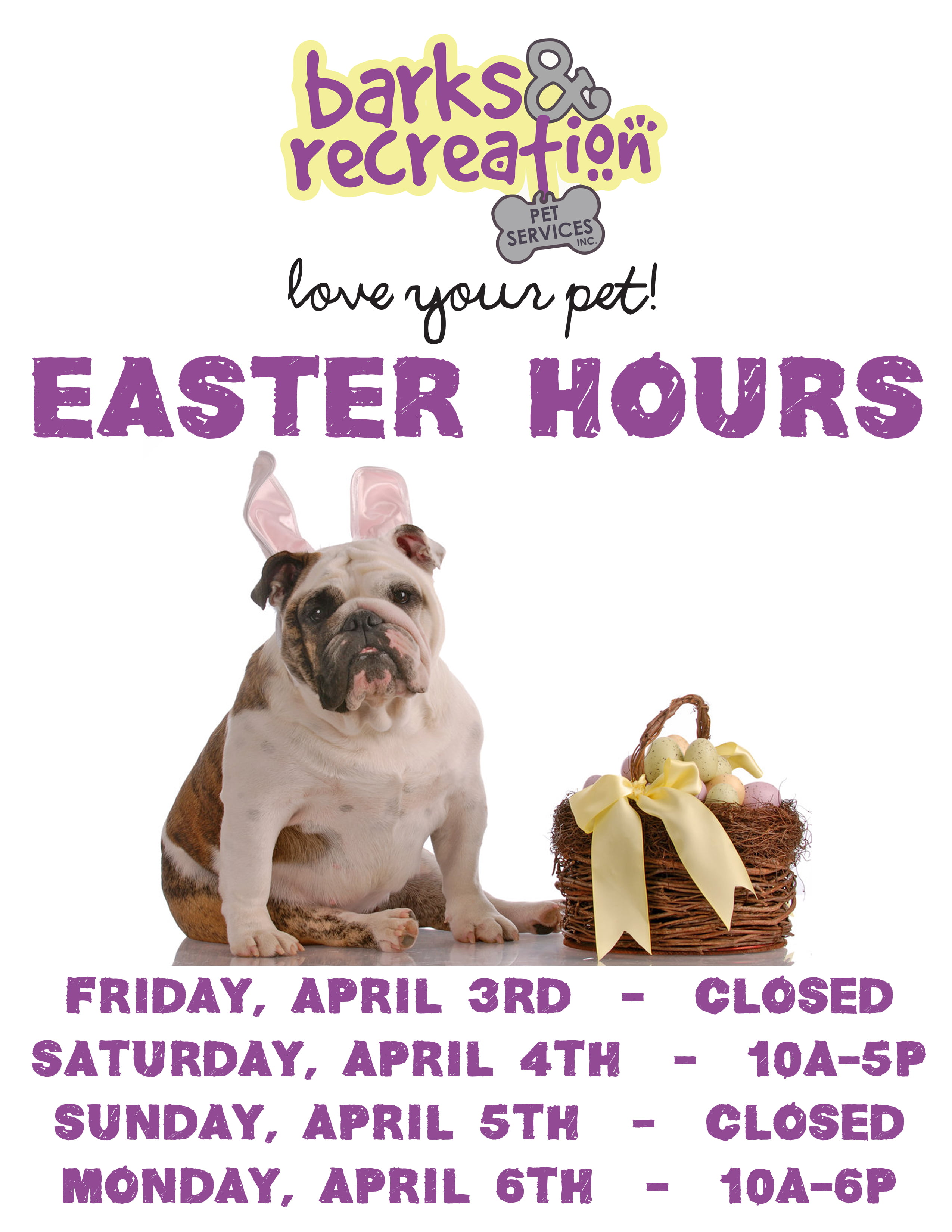 Barks and Recreation Easter Long Weekend Hours 2015