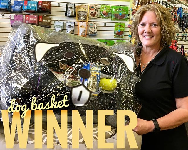 Barb B, came into the store to pick up her dog basket prize at Barks and Recreation in downtown Trail, BC