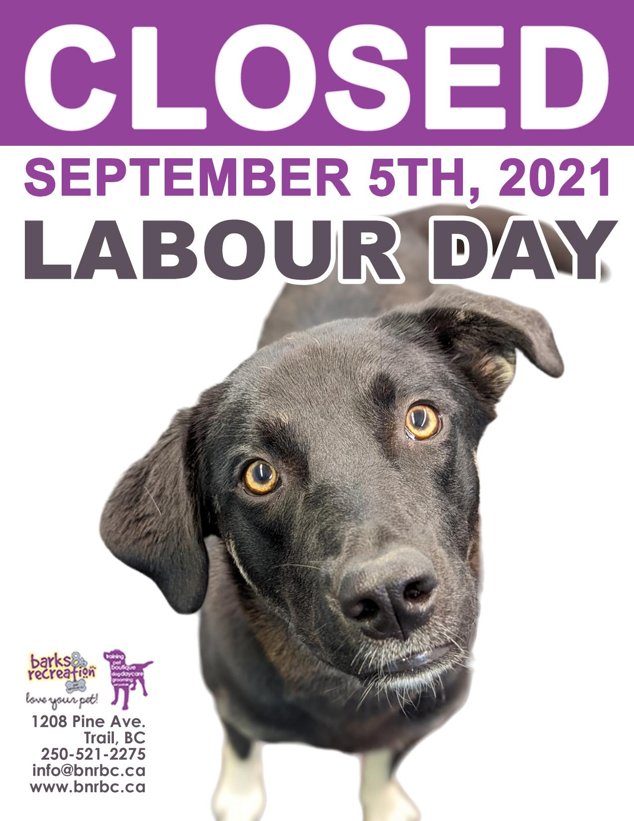 Barks and Rec in Trail BC will be closed Labour Day